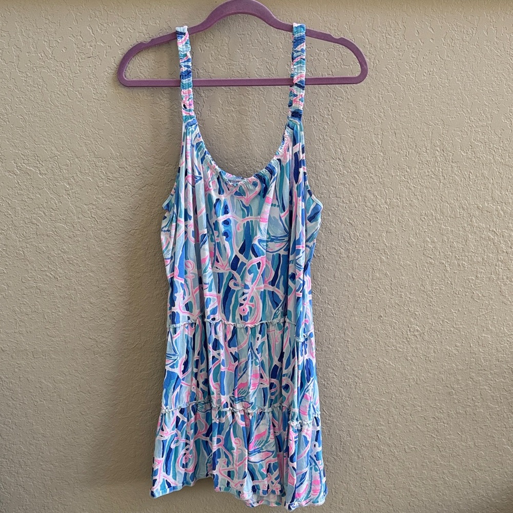 Sleeveless Beach Cover-Up Dress in Blue & Pink Print
